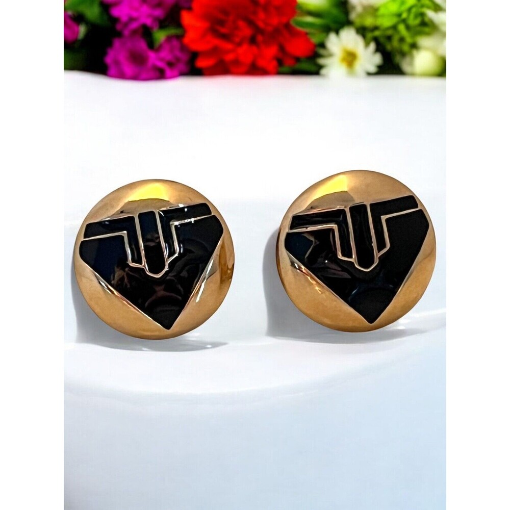 Vintage 1980s Geometric Enamel Earrings Gold Tone Black Enamel Clip Ons - 5F